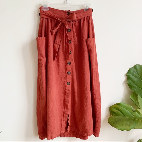 twik Dresses & Skirts - TWIK Linen Blend Midi Skirt Rust Button Front M
